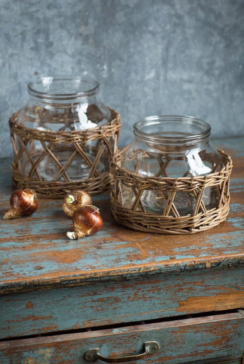 Natural wicker basket vase or hurricane for a layered tablescape