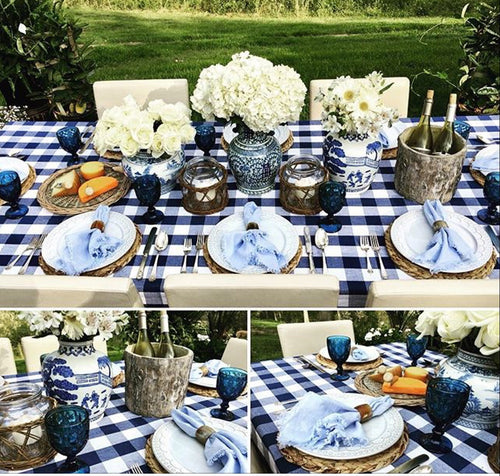 Classic blue-and-white tablescape using the You Blue Me Away kit without vases