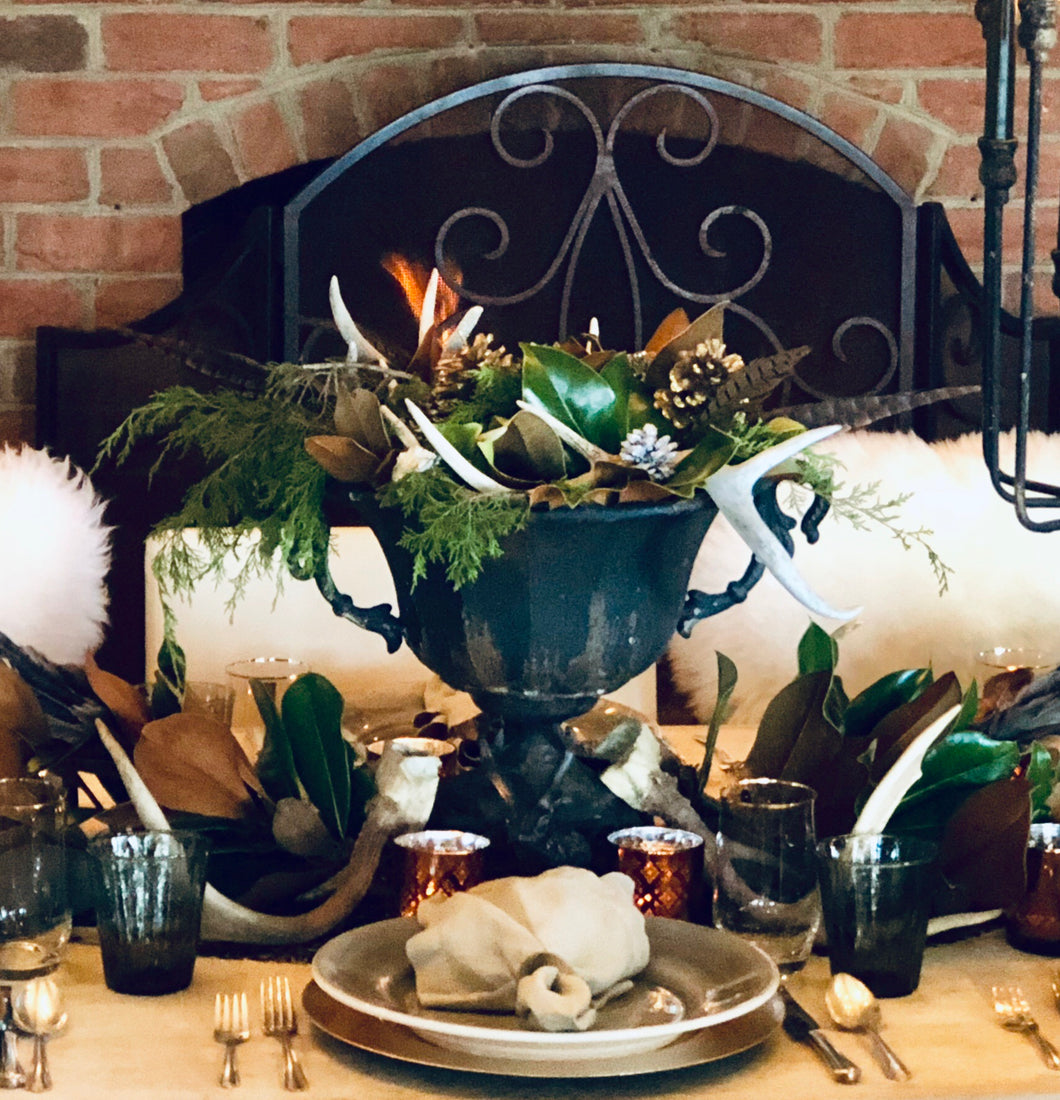 Distressed Black Urn | Table Terrain January tablescapes, men's table decorations, kitchen table arrangements