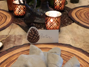 Pinecone Place-cards | Table Terrain winter table centerpieces, simple candle centerpieces, inexpensive table centerpieces