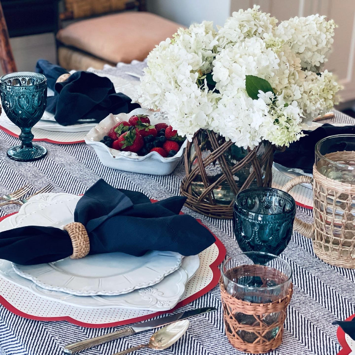 Table Topper, Blue w/Pom-Poms.