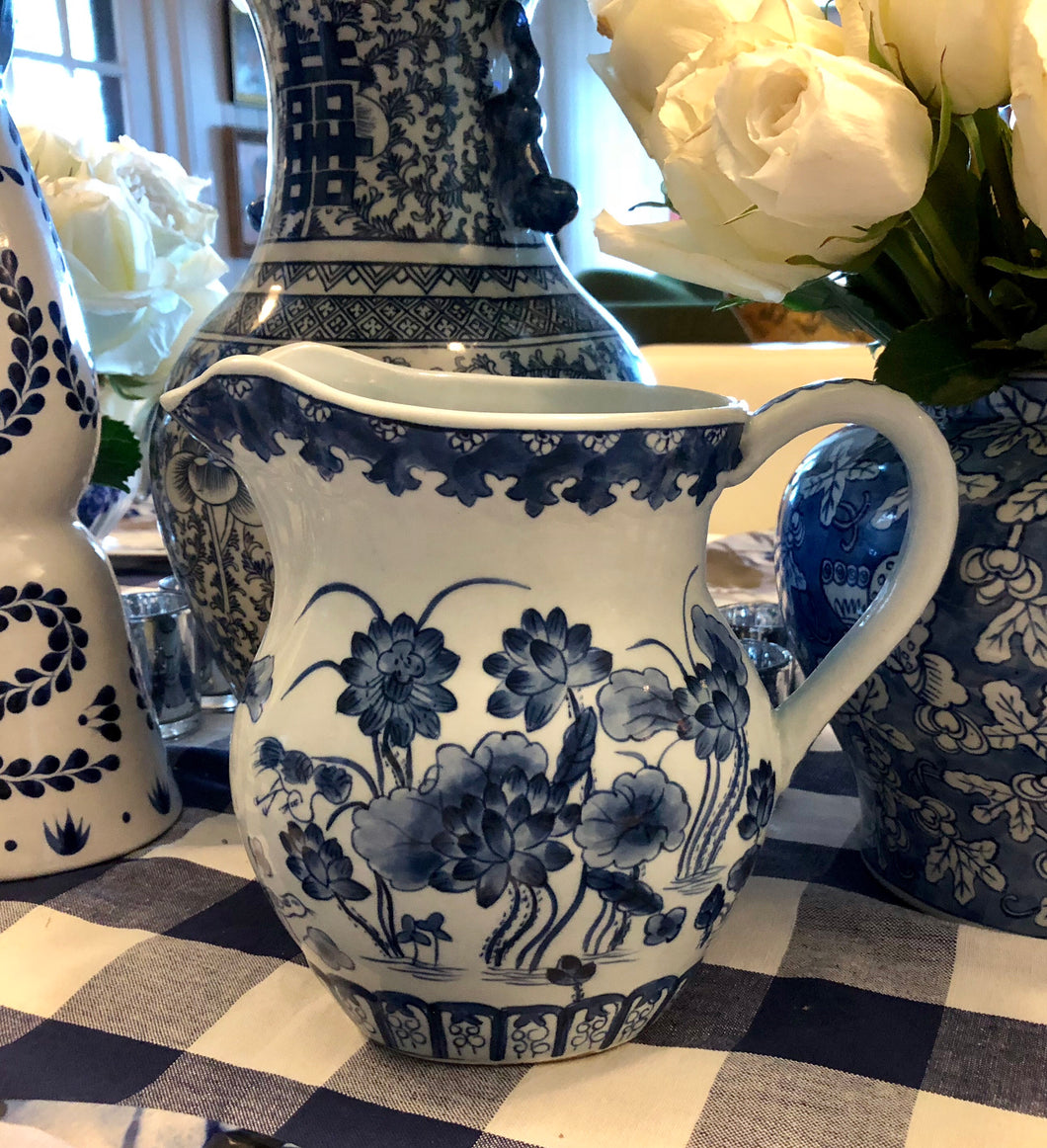 Blue and white hand painted Pitcher | Table Terrain January tablescapes, men's table decorations, kitchen table arrangements